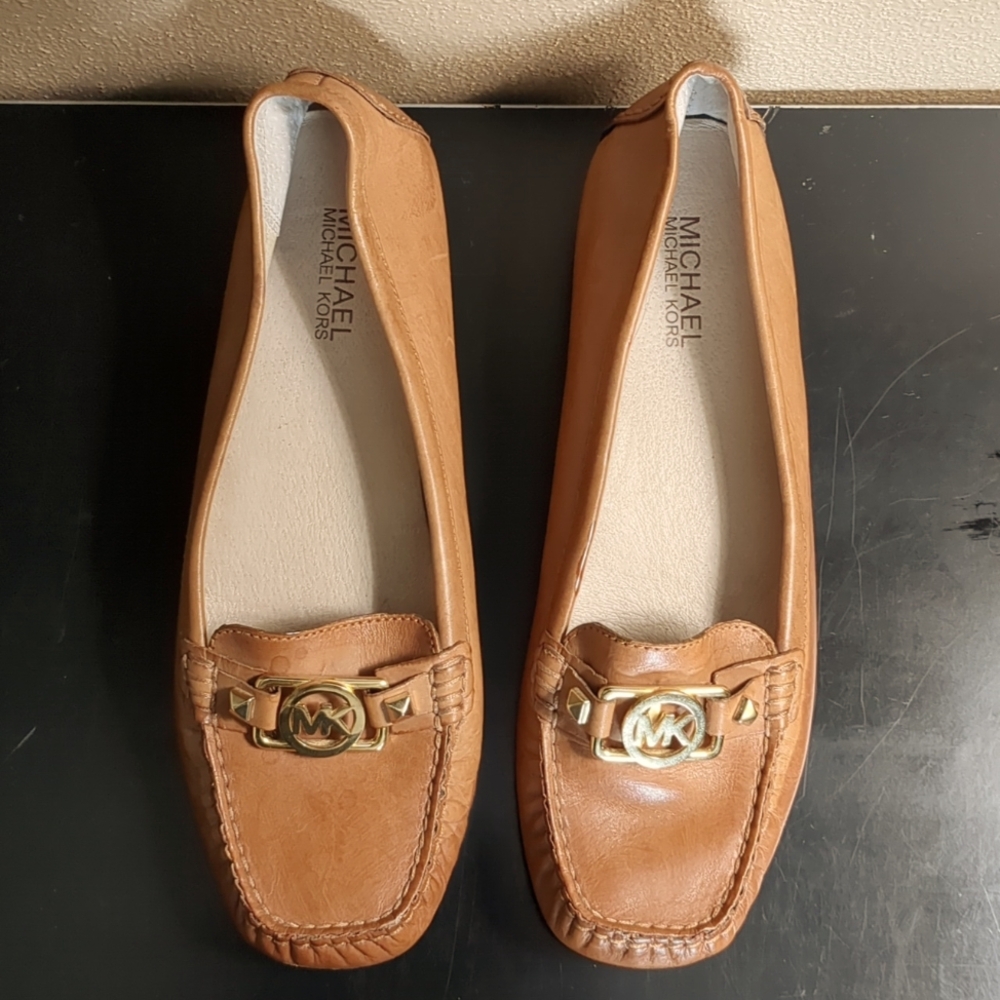 Michael Kors Tan Leather Moccasin Loafers with Gold Hardware